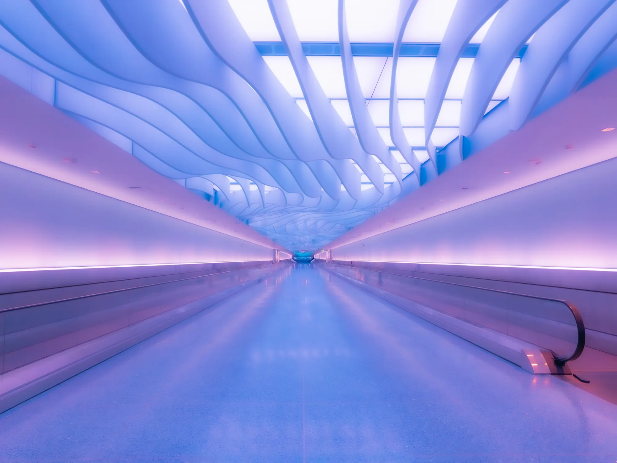 An empty airport moving walkway beneath a sculpted, wave-like ceiling lit in soft blue and violet