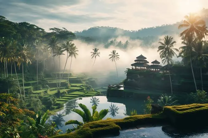 Mist over terraced rice paddies and palms below a hilltop temple pavilion, Bali